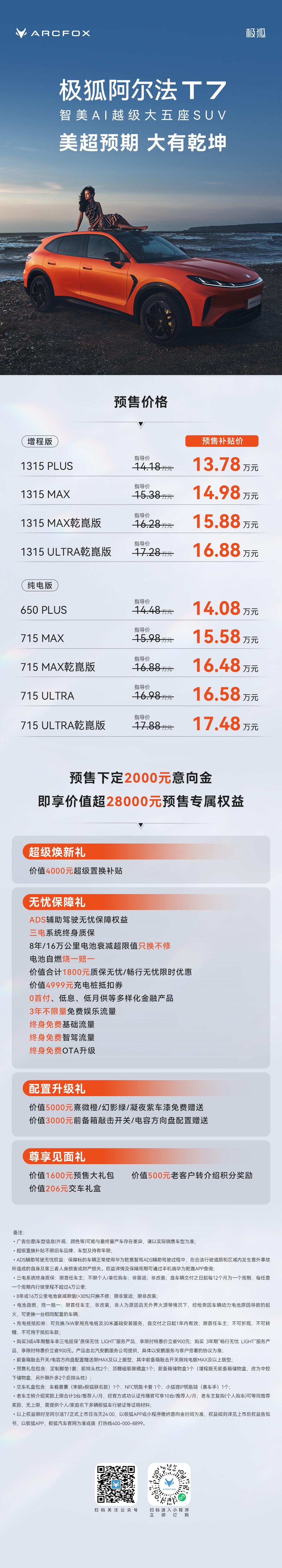 极狐阿尔法T7今天开启预售，13.78万元起。
什么概念？中大型SUV，车长50