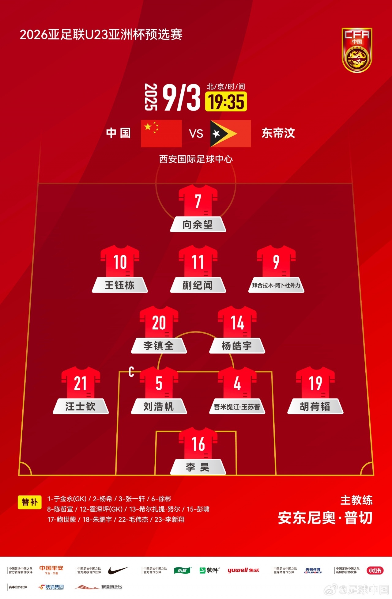 #U22国足vs东帝汶U22# 首发：王钰栋、蒯纪闻先发！向余望、拜合拉木出战U