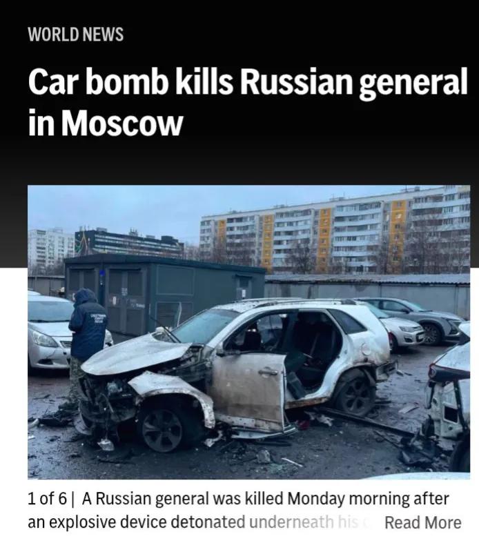 从莫斯科现场将军爆炸💥袭击照片来看，威力不小，
据美媒报道称，周一，一辆汽车炸