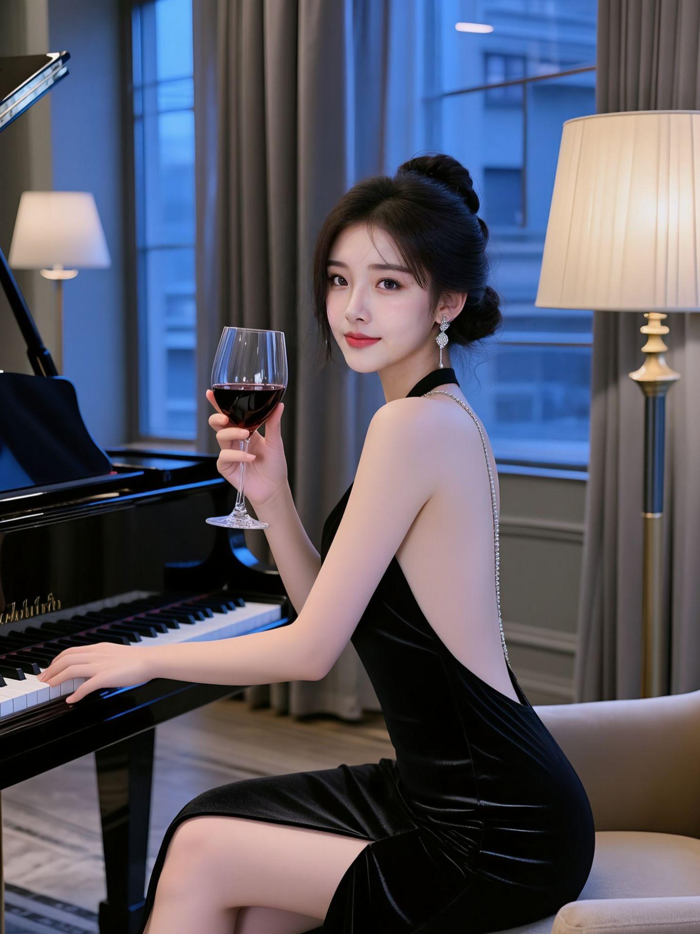 AI晚酌黑裙写真