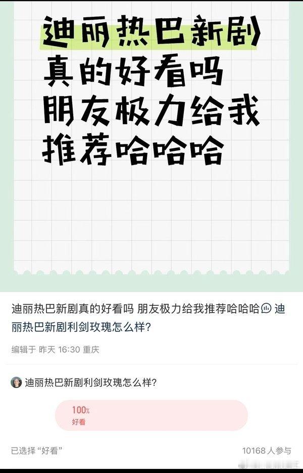 🍠上网友发起关于迪丽热巴新剧好不好看的投票，一万多人参与，全肯定，好看率100