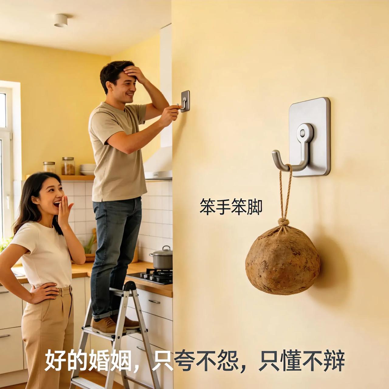 一个挂钩，看清了婚姻里的真相
 
老公把挂钩贴反，被老婆当场笑话笨手笨脚。
可直