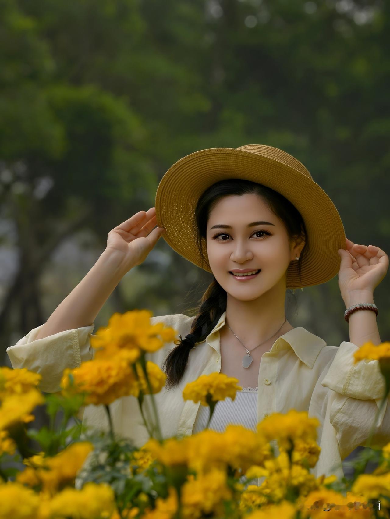 花丛倩影
   暖黄的万寿菊在风里轻晃，草帽下的姑娘笑眼弯弯，麻花辫垂在肩头，米