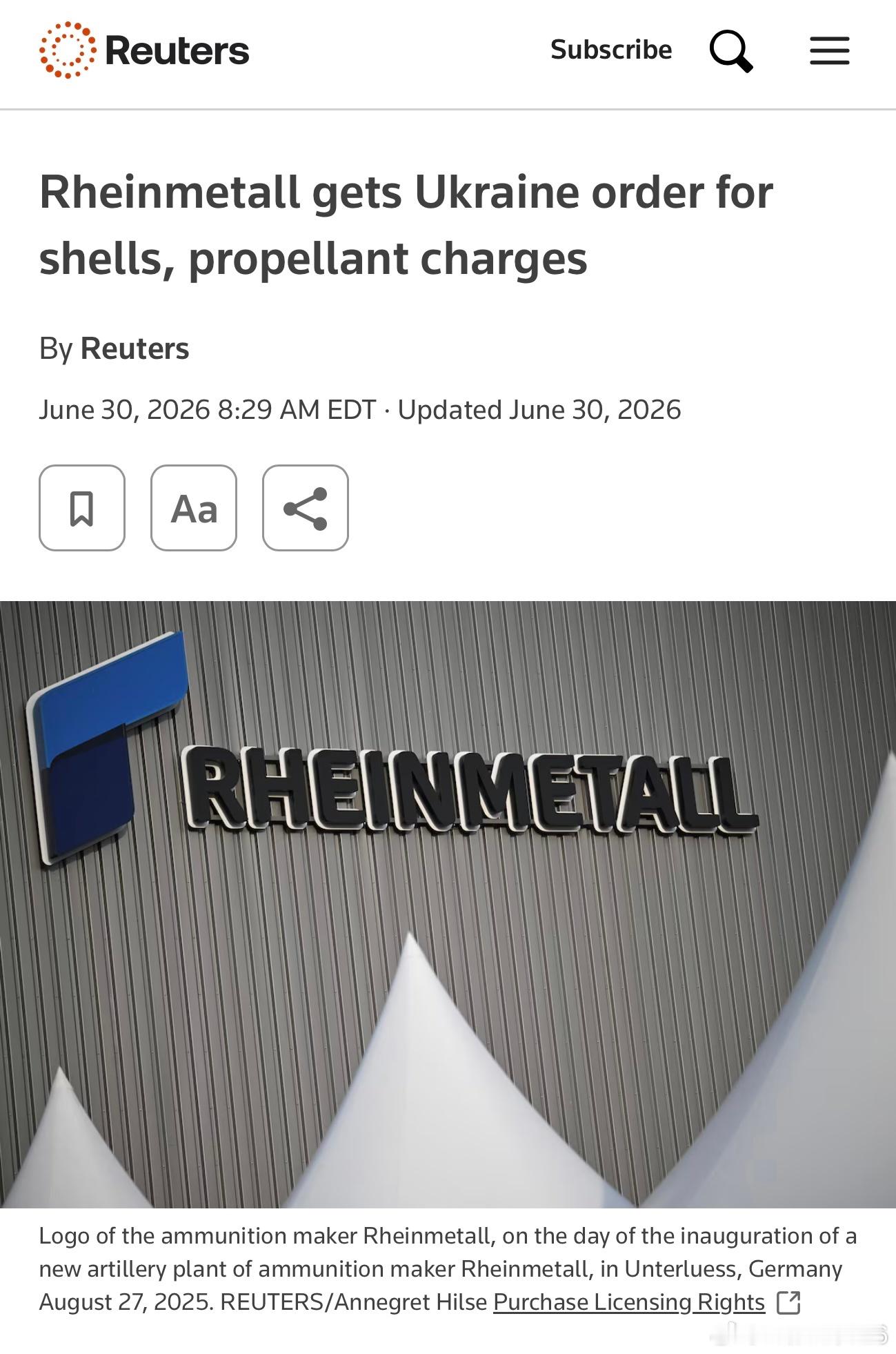 據路透社報導，德國軍工企業萊茵金屬（Rheinmetall）已獲得烏克蘭的一份合
