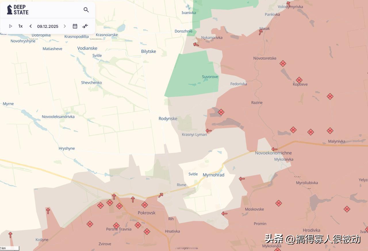 deepstae更新了最新乌克兰战线地图。其中，波克罗夫斯克地区(图1），乌军昨