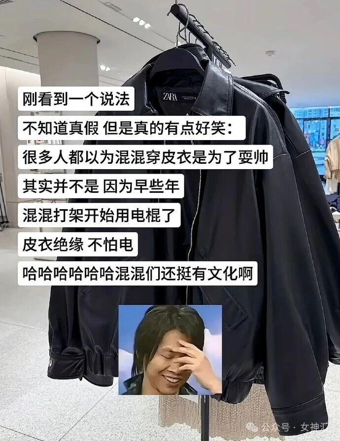 【趣图】皮衣绝缘，不怕电

网上看到一种说法：街头混混之所以喜欢穿黑色皮衣，看似