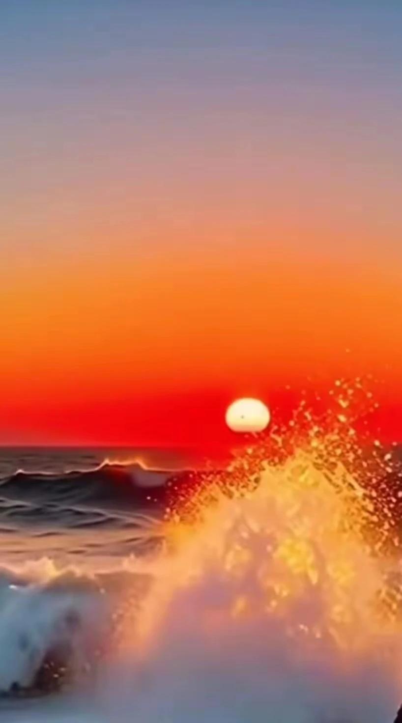 赤轮跃海破云烧，
雪浪崩崖碎玉绡。
万斛金芒抛作雨，
旭日霞光尽妖娆。