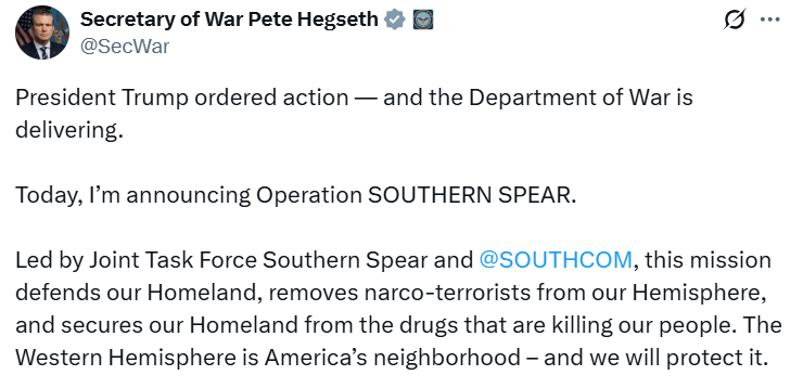 当地时间13号晚上（北京时间14号清晨），美国战争部长赫格赛斯发文宣布：特朗普总