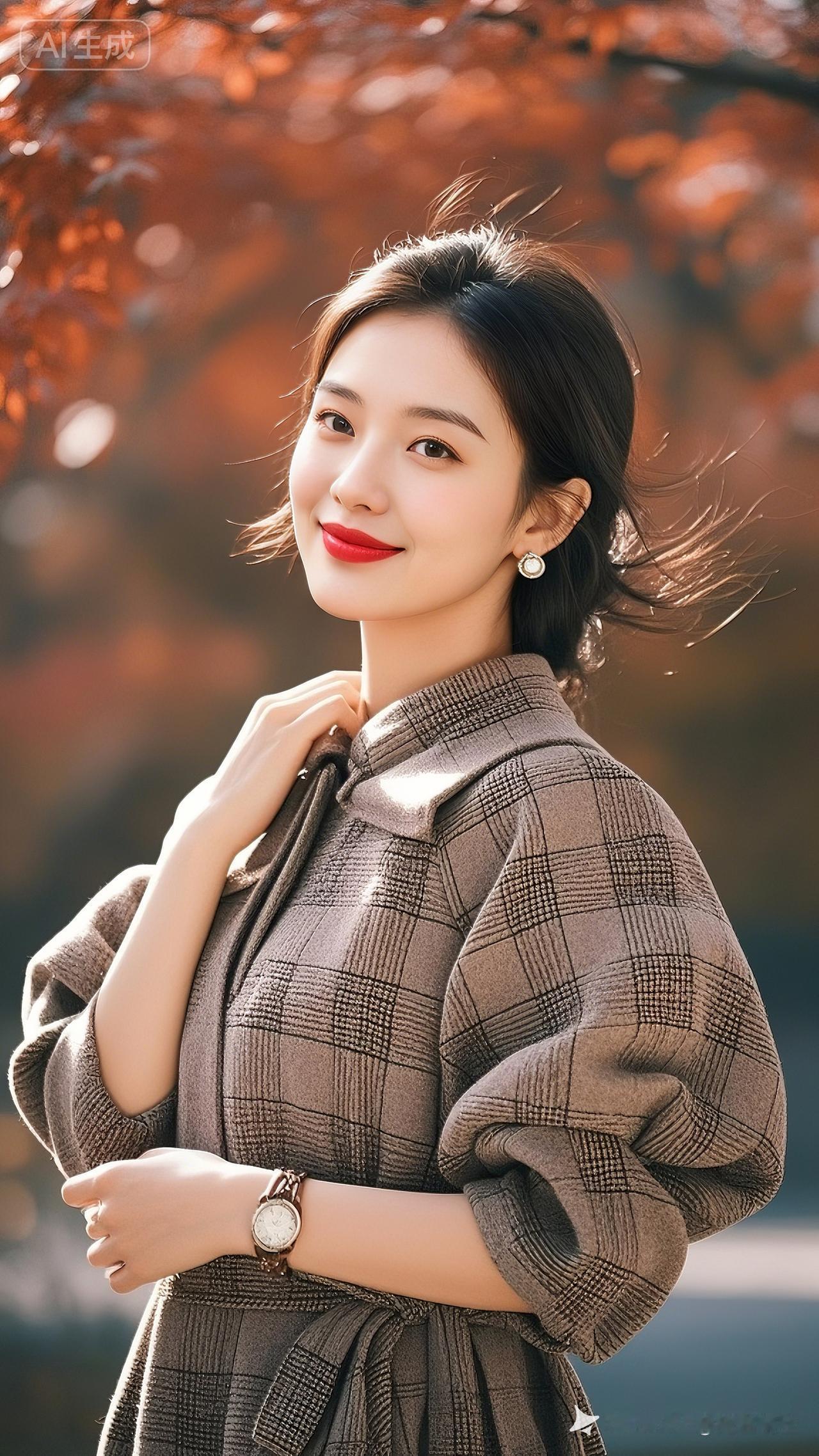 秋日暖阳下的优雅穿搭，红唇与耳环的完美搭配，尽显女性魅力。