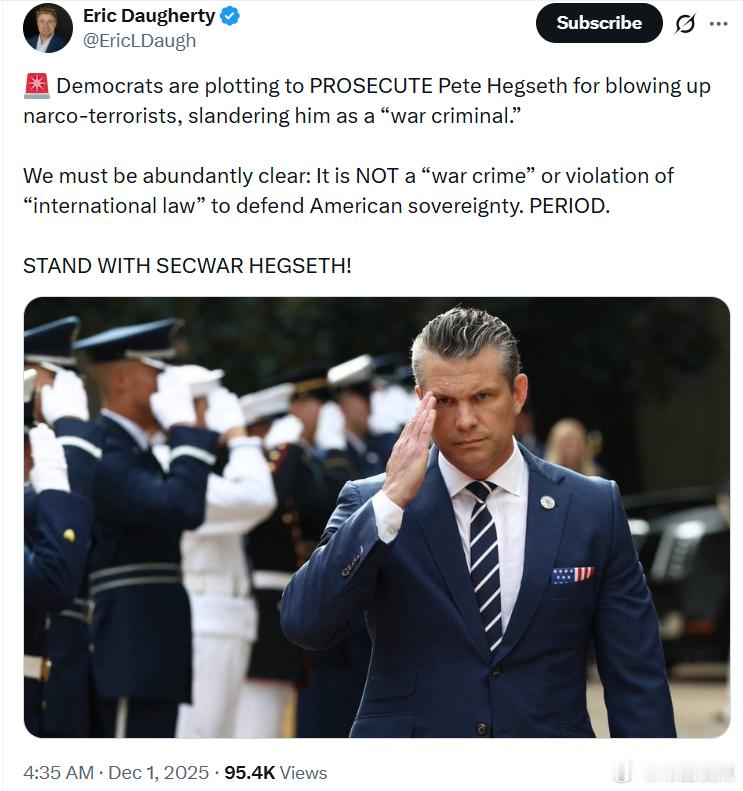 埃里克·多尔蒂：民左党人正在策划以“战争罪”罪名起诉皮特·海格塞斯，只因为他炸死