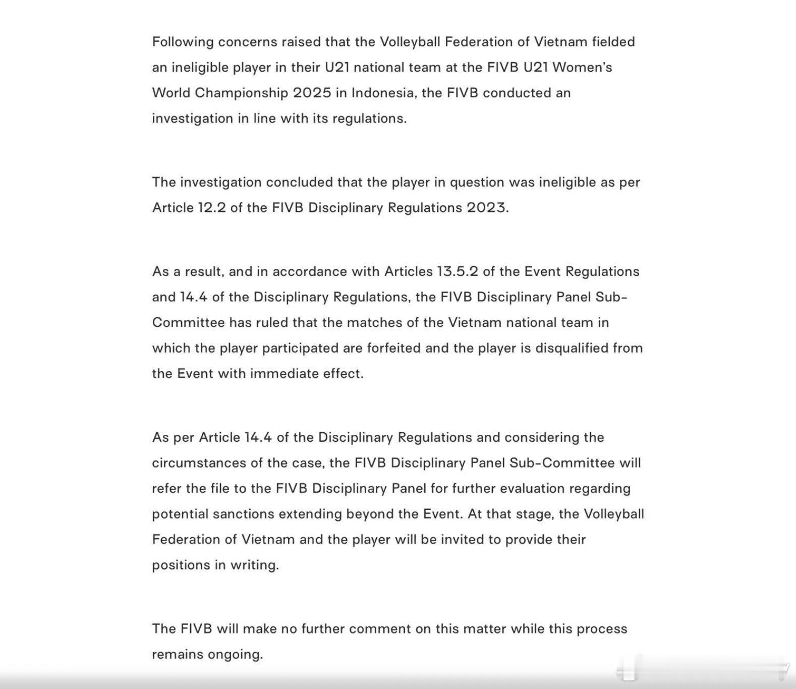 越南女排违规被罚 国际排联官方公告（见附图）。2025u21女排世锦赛国际排坛动