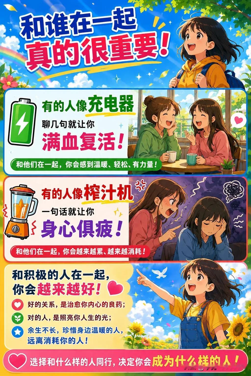 和谁在一起，真的很重要。

有的人像充电器，让你越来越有能量；
有的人像榨汁机，