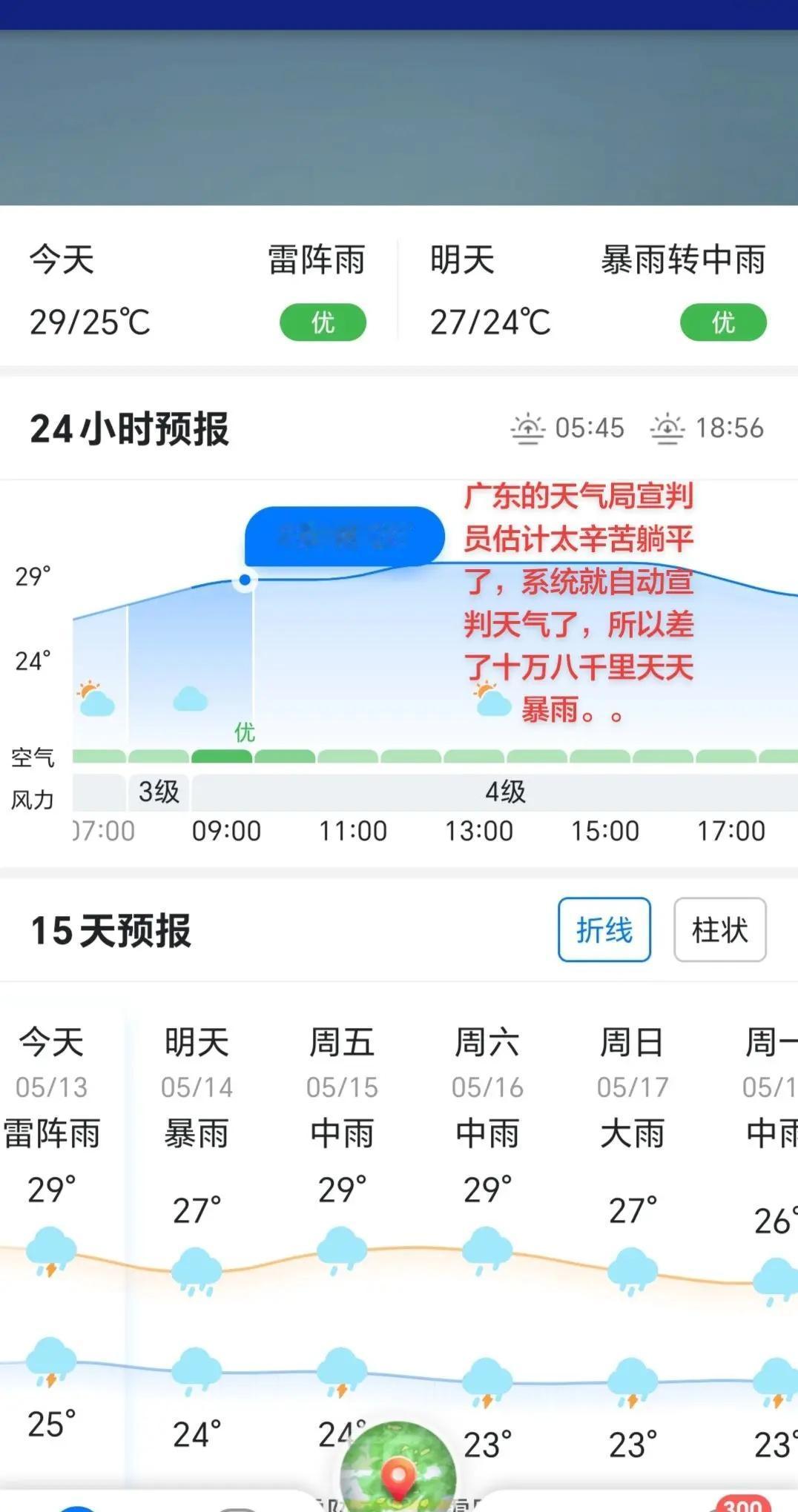 广东的气象局宣判员估计太辛苦躺平了，系统就自动宣判天气天天暴雨。。广东天气