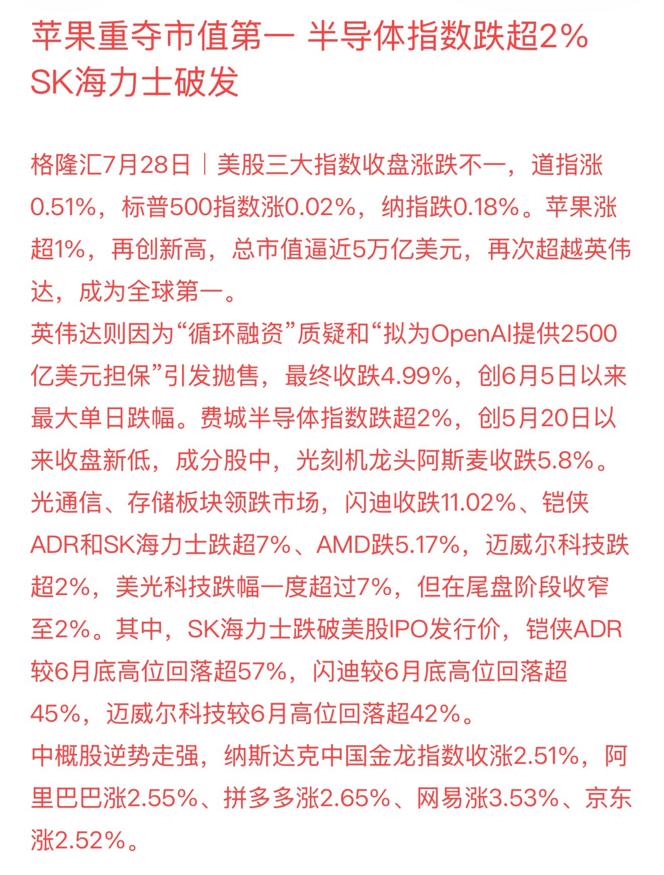 苹果重夺市值第— ，半导体指数跌超2%，SK海力士破发；中概股逆势走强，纳斯达克