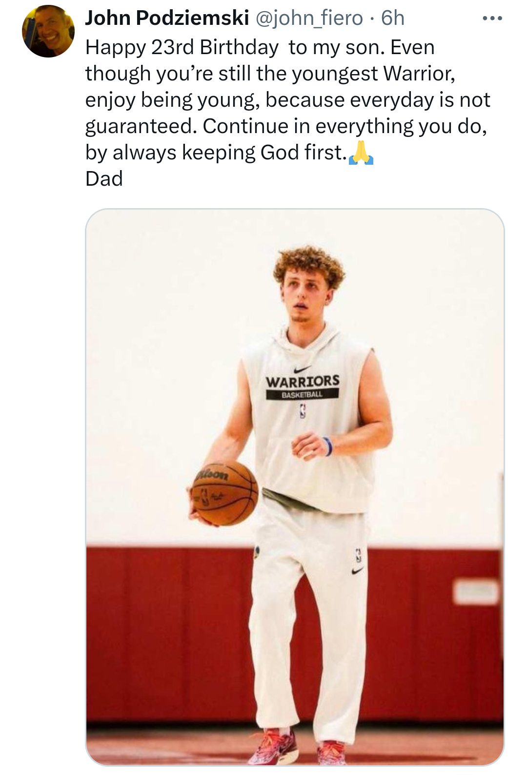 布兰丁·波杰姆斯基爸爸约翰·波杰姆斯基发文：祝我的儿子23岁生日快乐。虽然你仍然