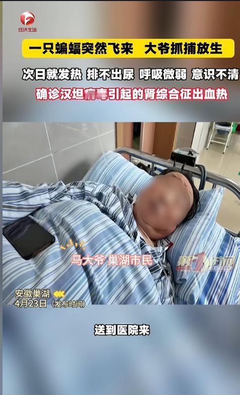 悲剧还是发生了！近日，安徽巢湖的一位大爷发现家中进了只蝙蝠，他伸手就去抓，可蝙蝠