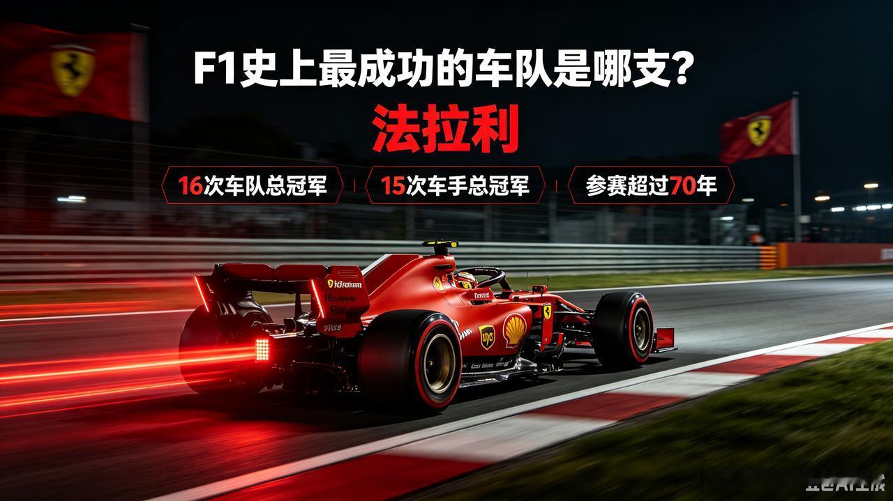 法拉利是F1史上最成功车队，16次车队总冠军、15次车手总冠军，参赛超70年，是