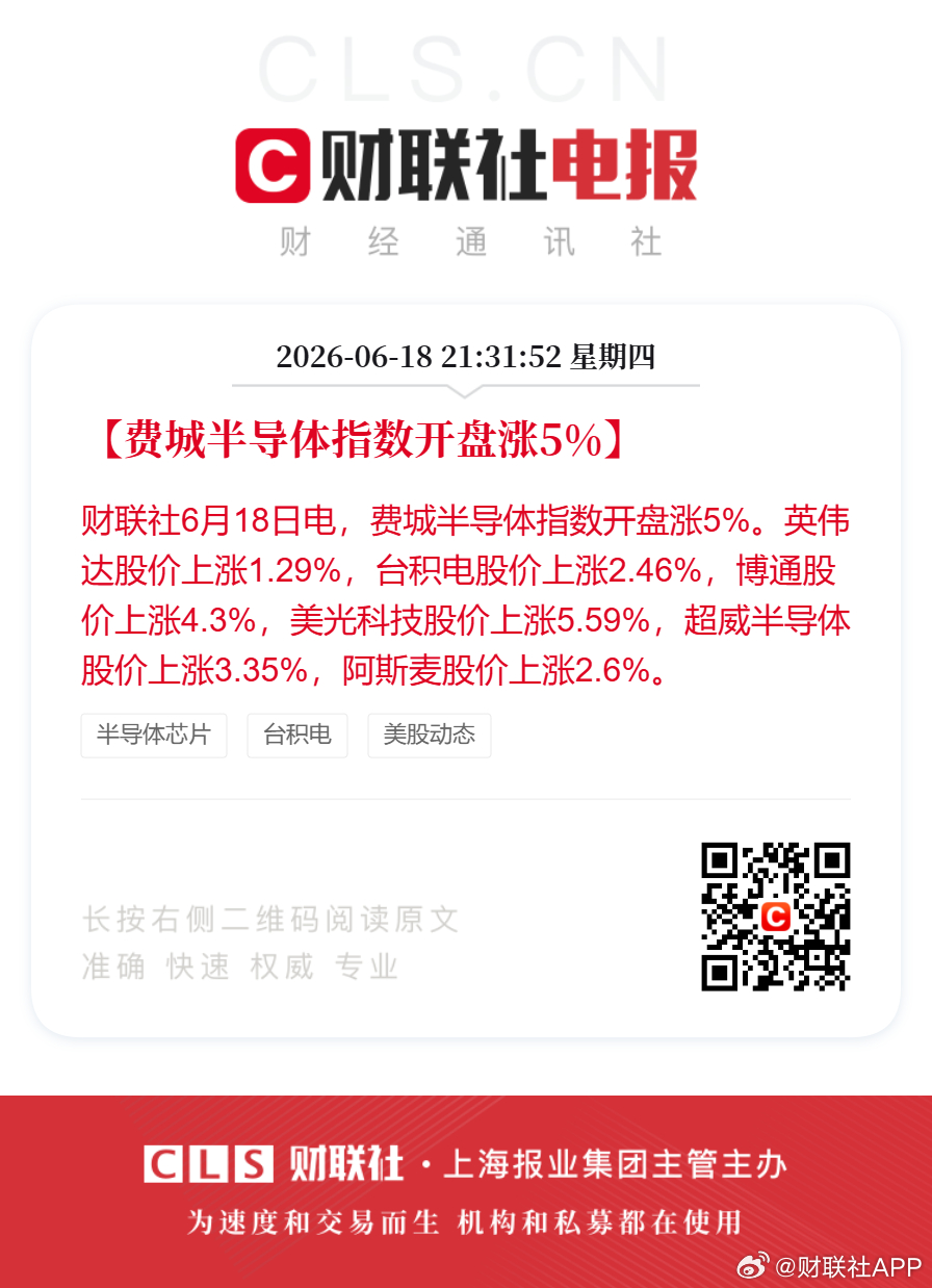 【费城半导体指数开盘涨5%】财联社6月18日电，费城半导体指数开盘涨5%。英伟达