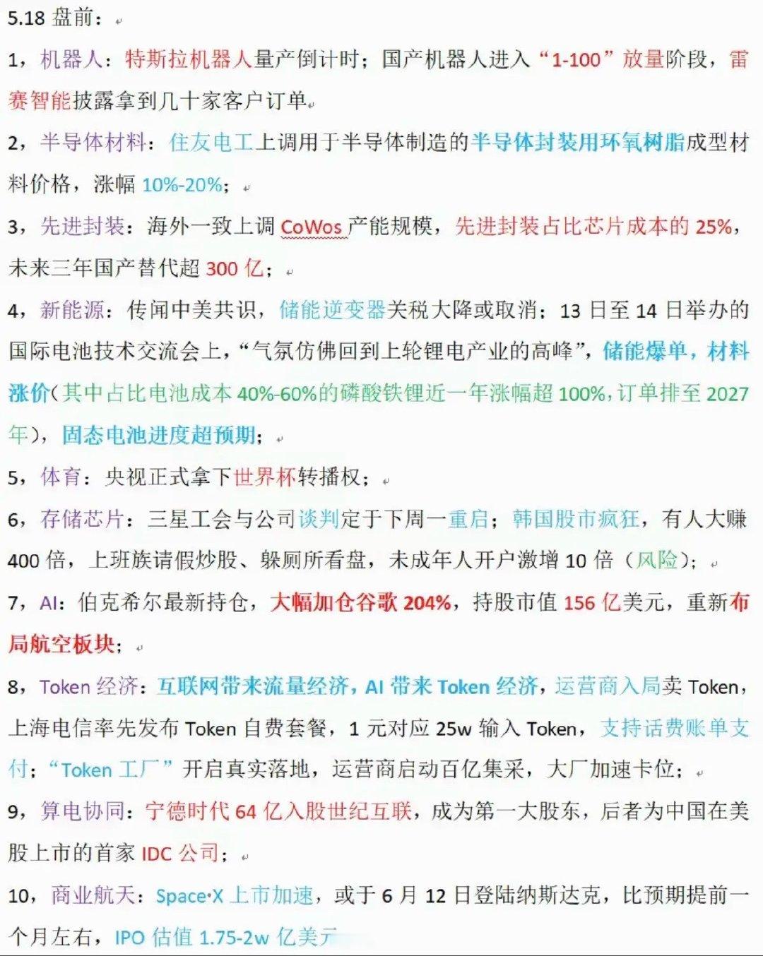 5.18周一  盘前  财经热点新闻！1.特斯拉机器人，量产倒计时2.半导体材料