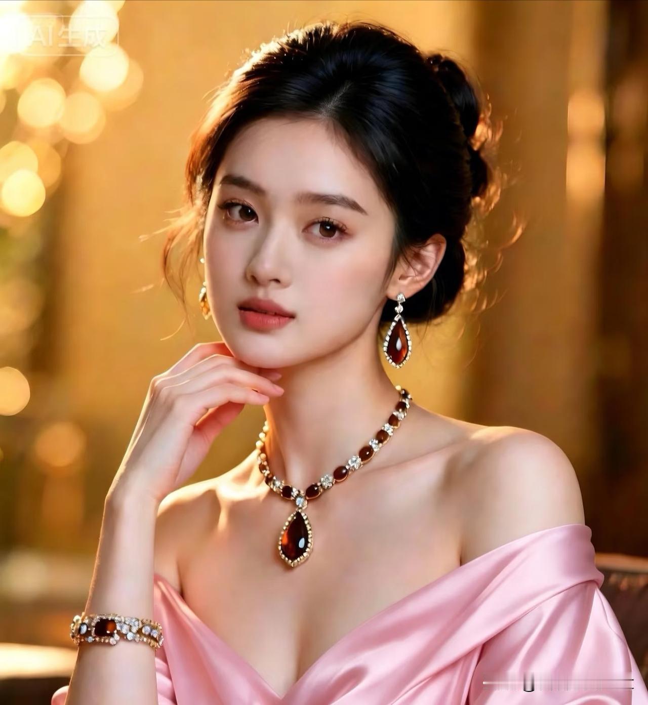 七言·凝香
 
金辉漫洒玉容柔，
粉缎流光映眼眸。
一点红珠凝晚照，
风华暗度晚
