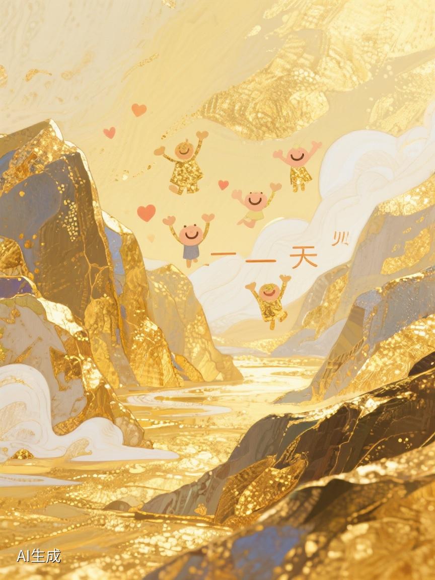 AI妙生图金色山峦间，萌娃携爱逐云，在这璀璨世界，似见纯真与希望之光✨