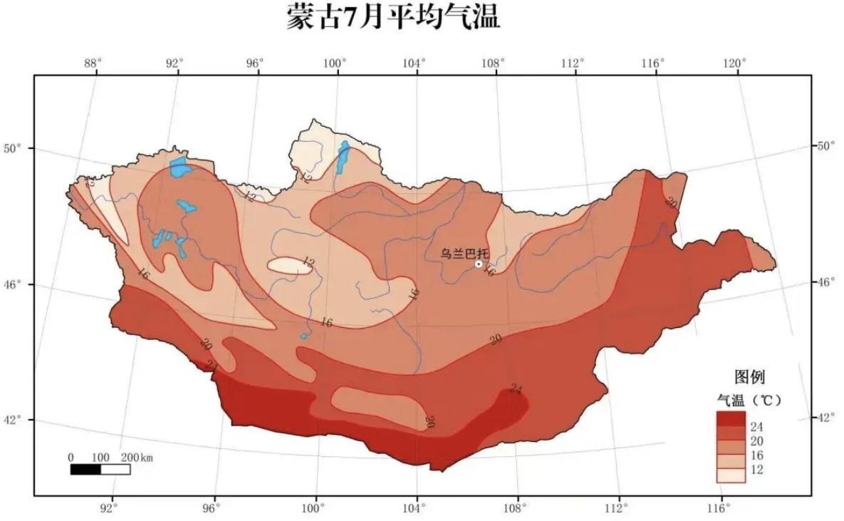 【地图】蒙古7月平均气温分布图