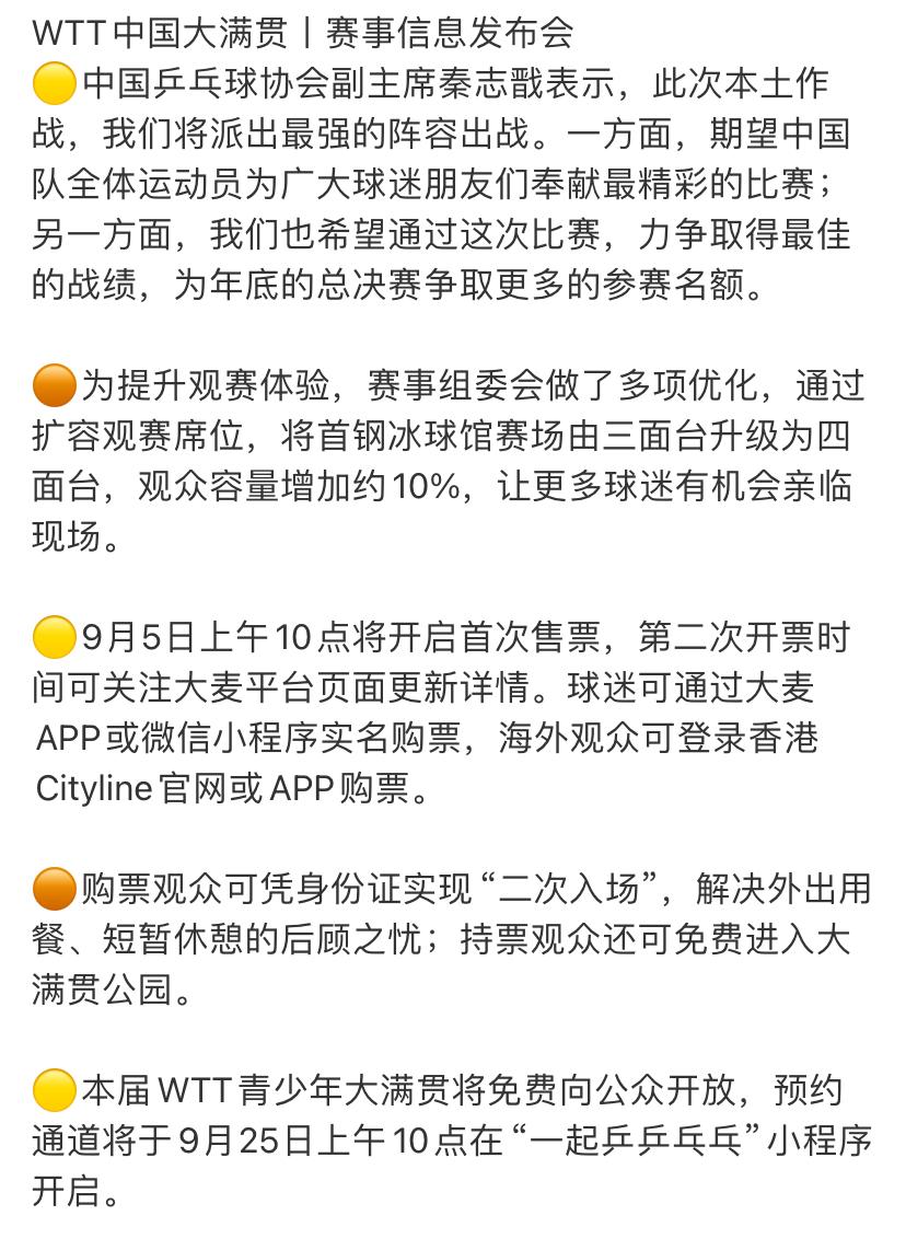 WTT中国大满贯赛事信息发布会内容呈现出来了，国乒将最强阵容出战！
最强阵容，王