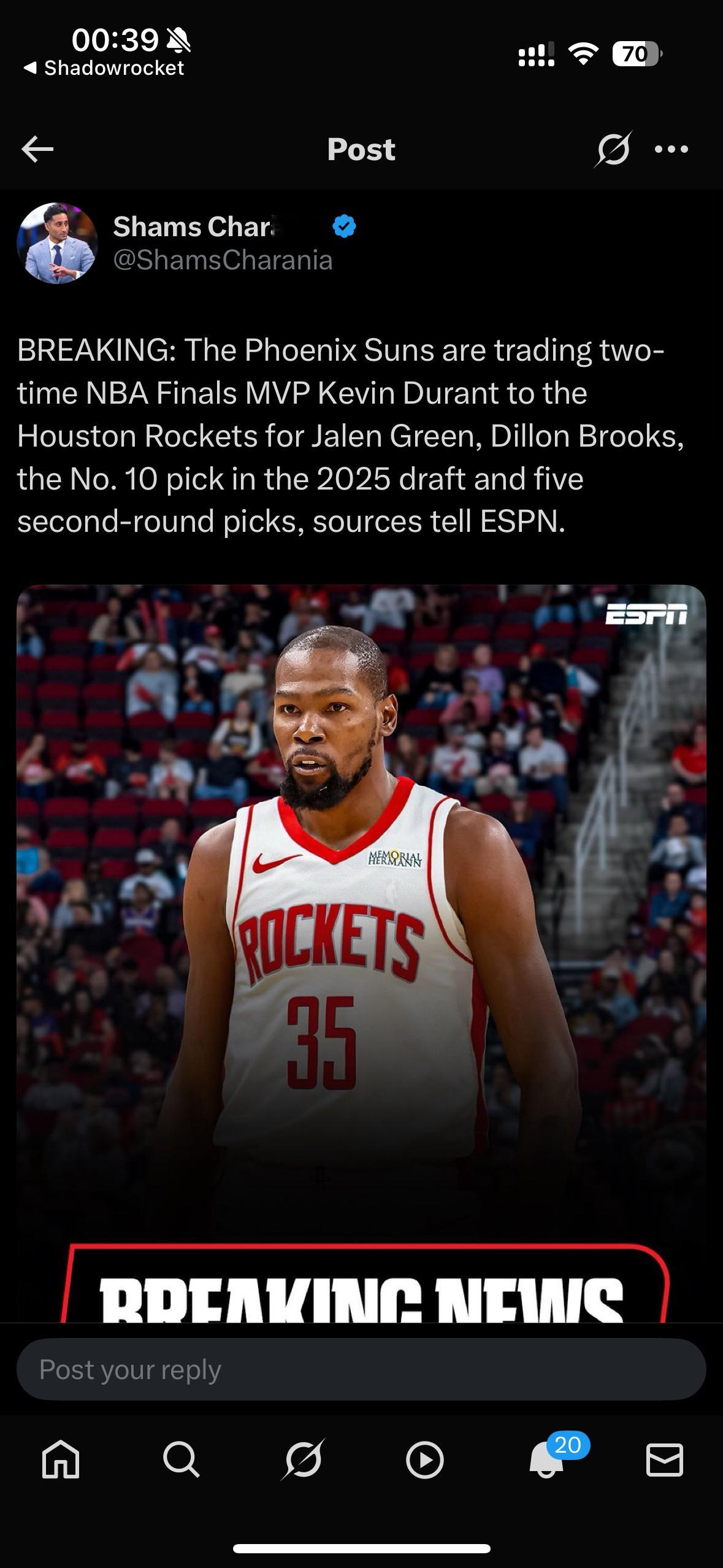 KD去哪儿这部剧终于完结了——据 ESPN 报道，菲尼克斯太阳队将两届 NBA 