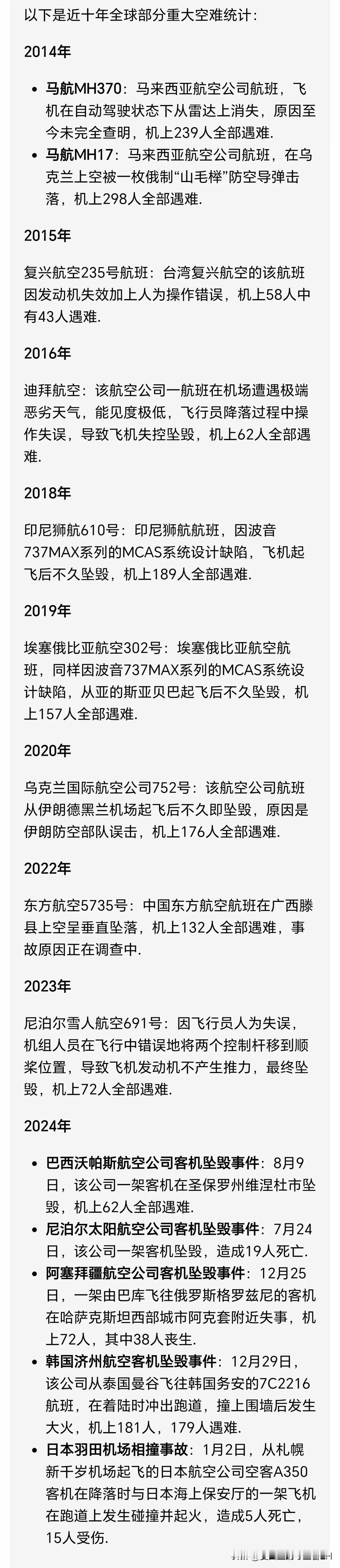 近十年，全球飞机，主要空难事件统计：
最奇怪的的是，今年特别多
并且5起重大空难