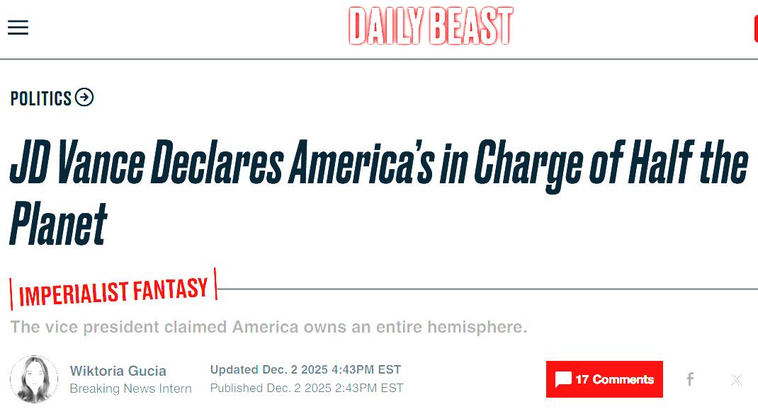 美国要管西半球，但手别伸到东半球

环球时报12月3日报道，美国副总统万斯在社交