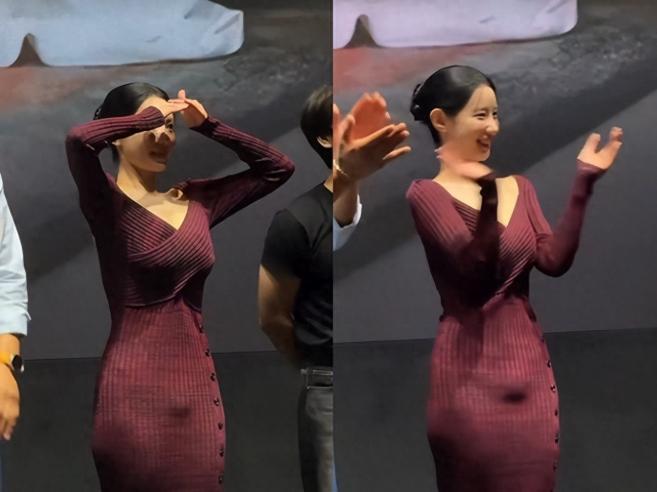 韩国女星申知原，首映礼穿紧身针织裙上台，整场不停遮挡腹部，大批网友把矛头对准造型