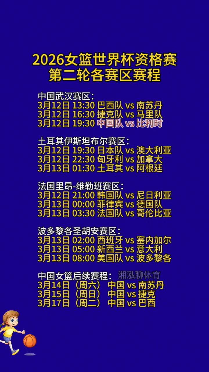 2026女篮世界杯资格赛第二轮各赛区赛程。
·中国武汉赛区：3月12日13：30