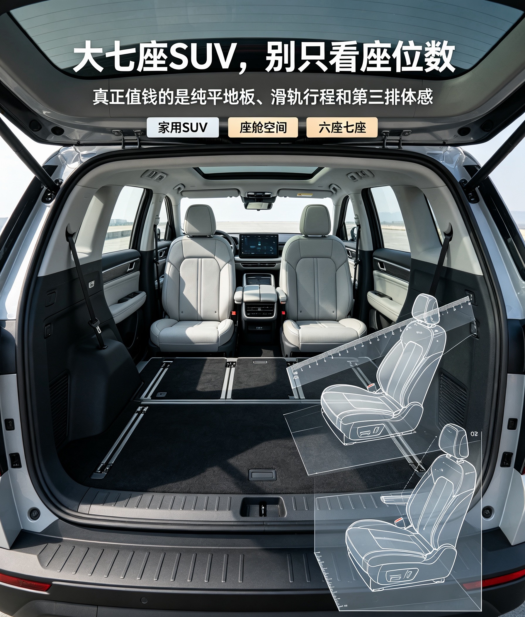 很多六七座SUV陷入一个通病：座位数量看着很诱人，空间体验大打折扣。轮包侵占车内