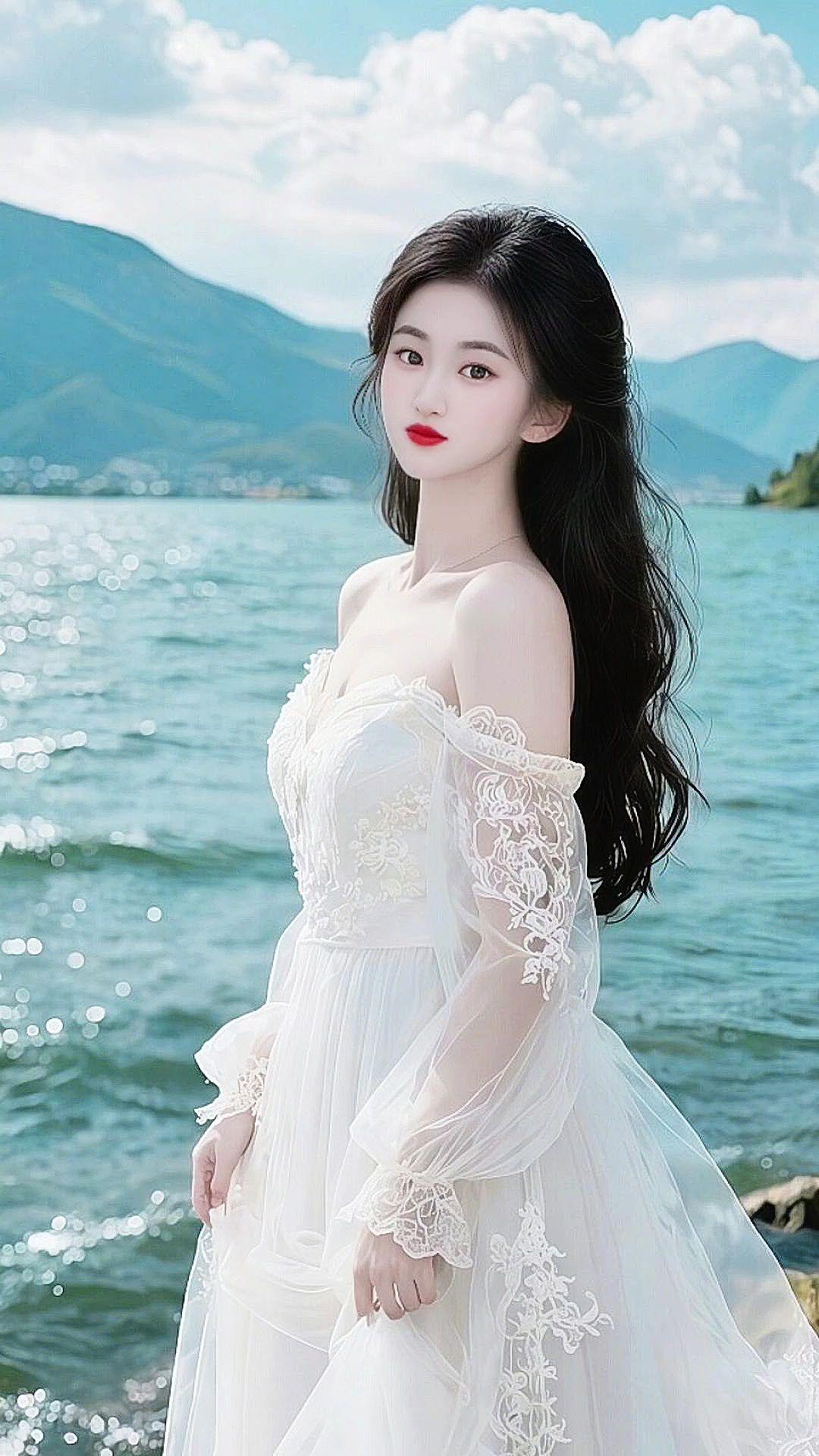 海边拍照氛围感 海边飘逸长裙 海边写真 水畔白裙 优雅永不过时