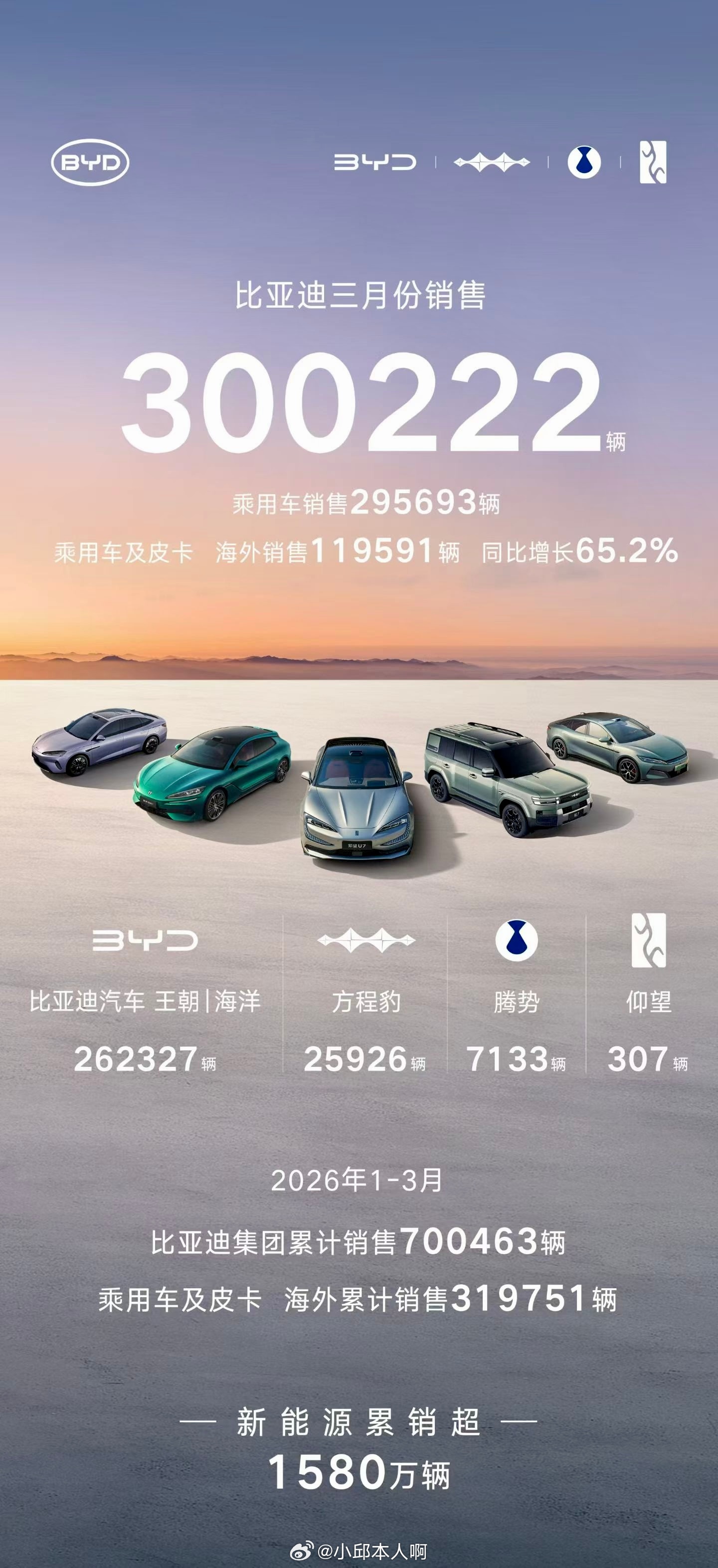 比亚迪公布了2026年3月的销量，这个月一共卖了300222辆车，在国内车企里是