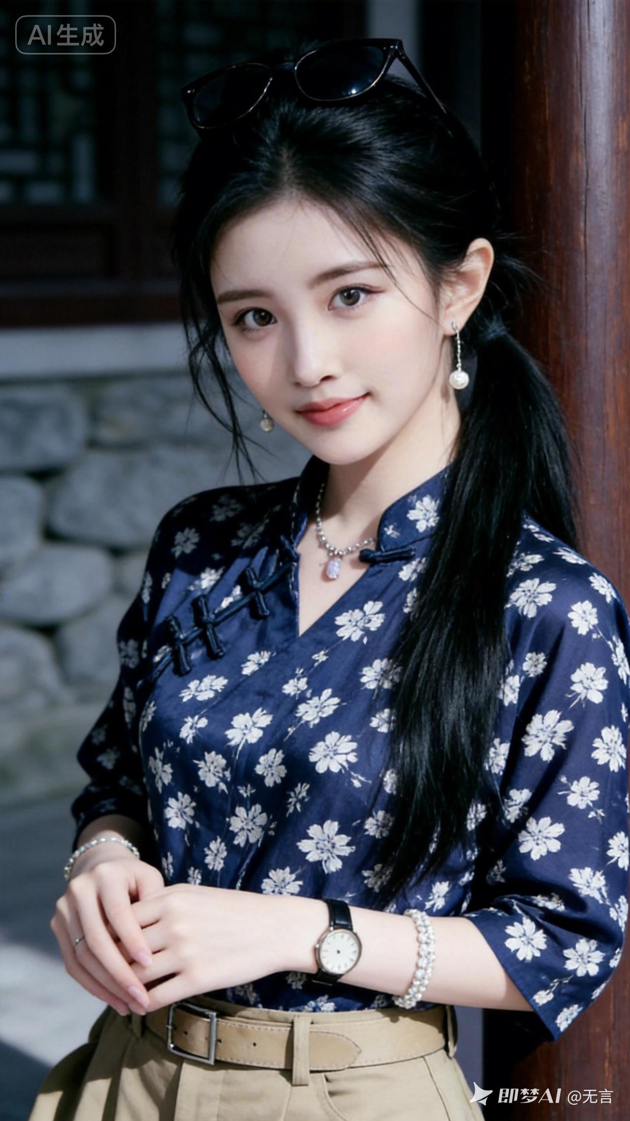 优雅少女风，复古蓝花衬衫搭配珍珠耳环，清新自然！🌸💎