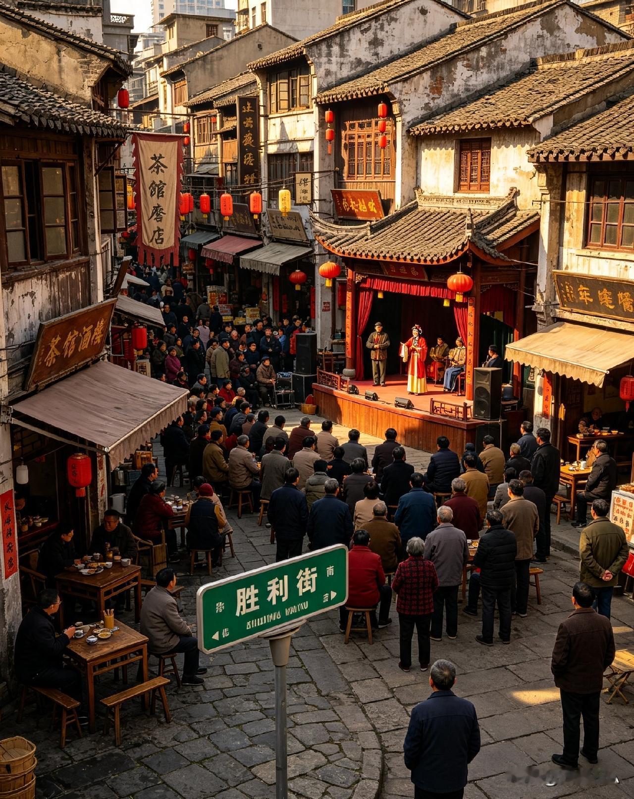 昔日鄂城胜利街，一派歌舞升平的市井盛景。老街街巷纵横，茶馆酒楼人声鼎沸，杂货磨坊