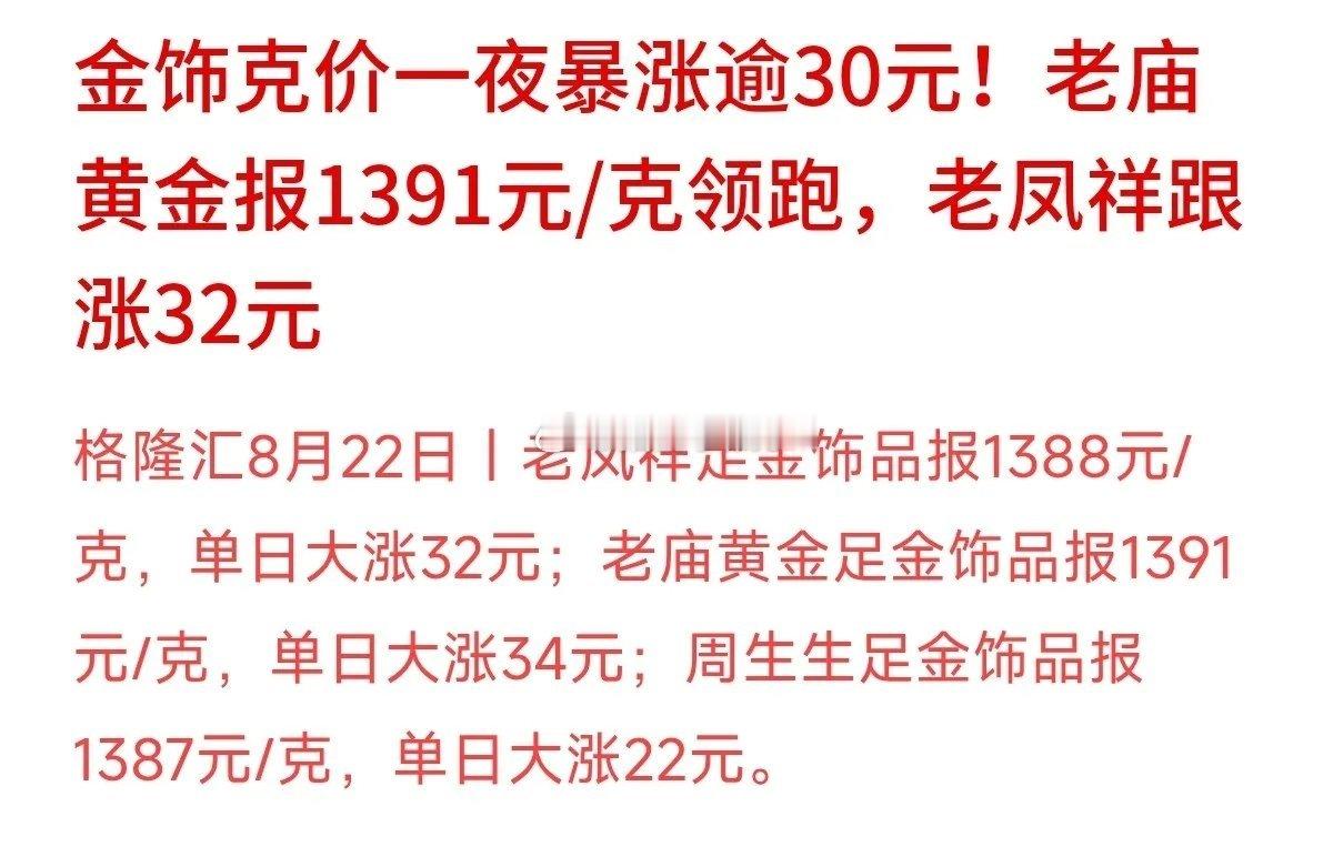 睡一觉起来，老庙黄金单日大涨34元，老凤祥涨了32元！看着金价一路冲高，很多朋友