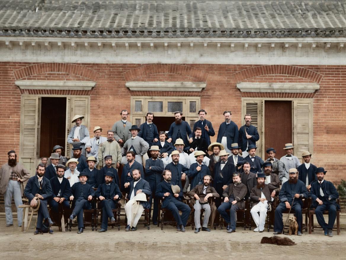 这张照片是19世纪70年代拍摄的马尾船政局外籍技术雇员集体合影。
他们身后是西式