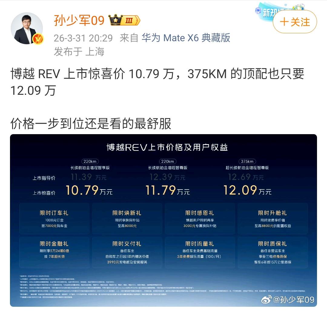 孙少军：博越 REV 上市惊喜价 10.79 万，375KM 的顶配也只要12.