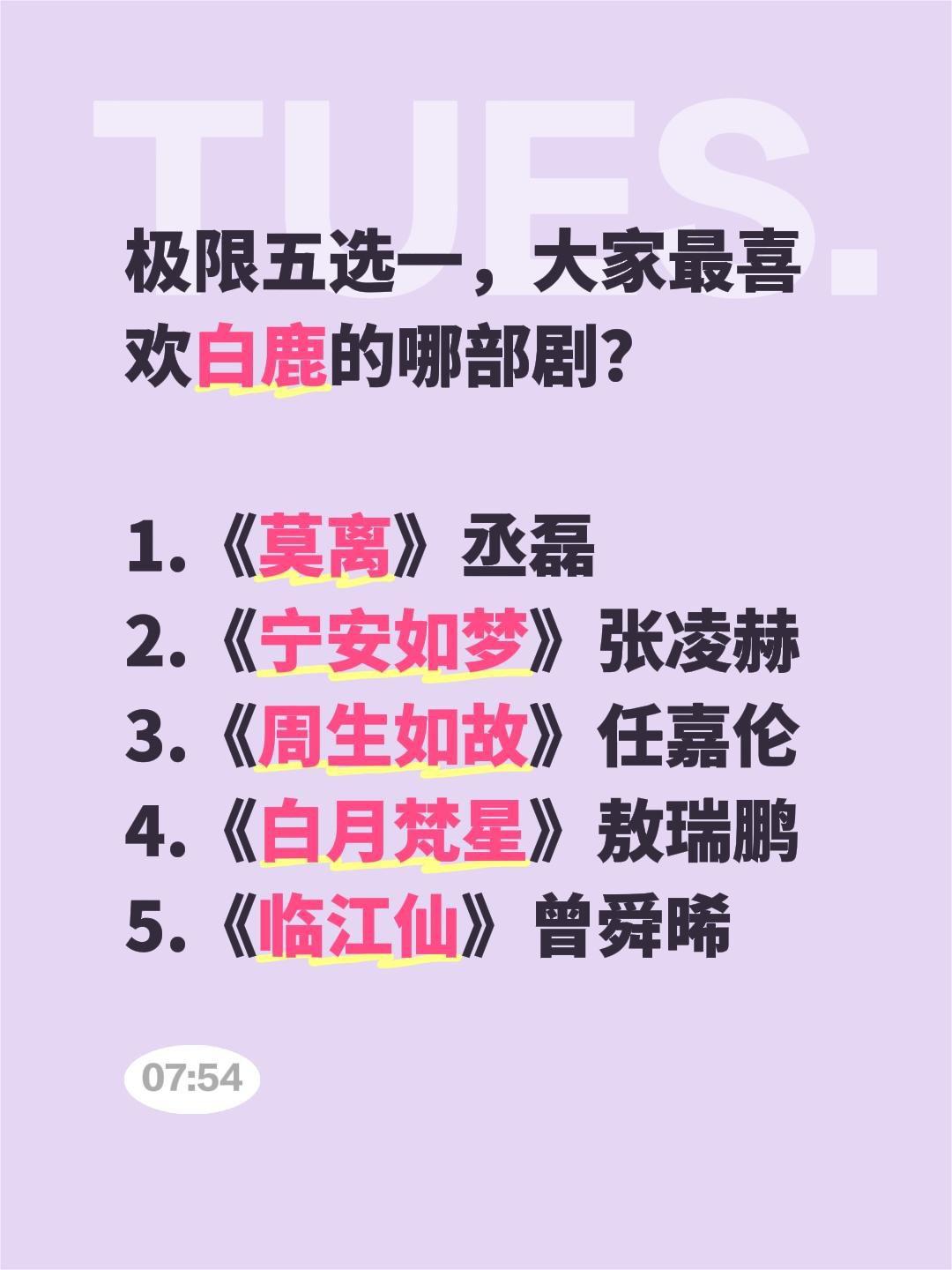 极限五选一，大家最喜欢白鹿的哪部剧？

1.《莫离》丞磊
2.《宁安如梦》张凌赫