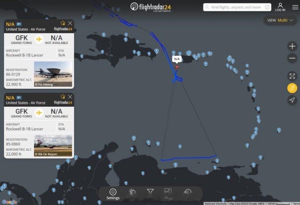 委内瑞拉局势 两架美国B-1B轰炸机在委内瑞拉海岸飞行后返回美国。 ​​​