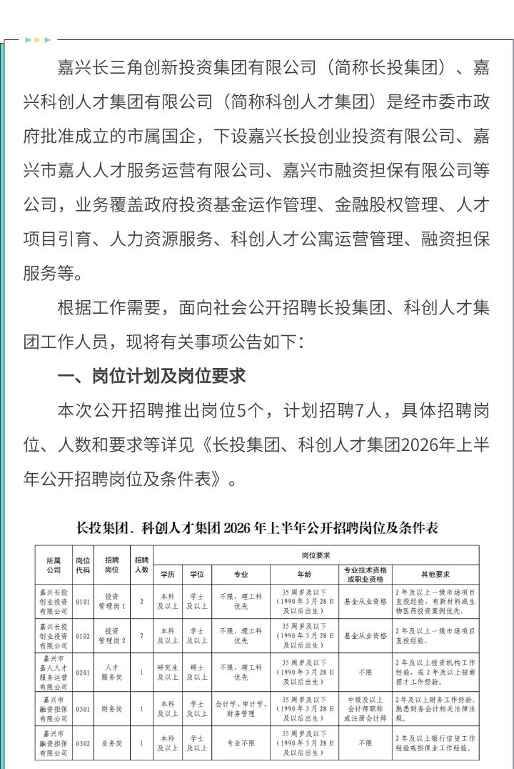 【市属国企】嘉兴长投集团、科创人才集团招聘7人