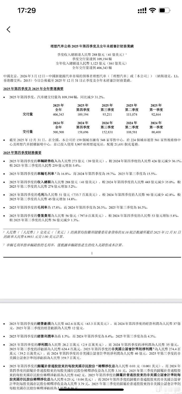 理想汽车发布2025全年财报 理想汽车发布了2025财报，咱们简单总结一下核心信
