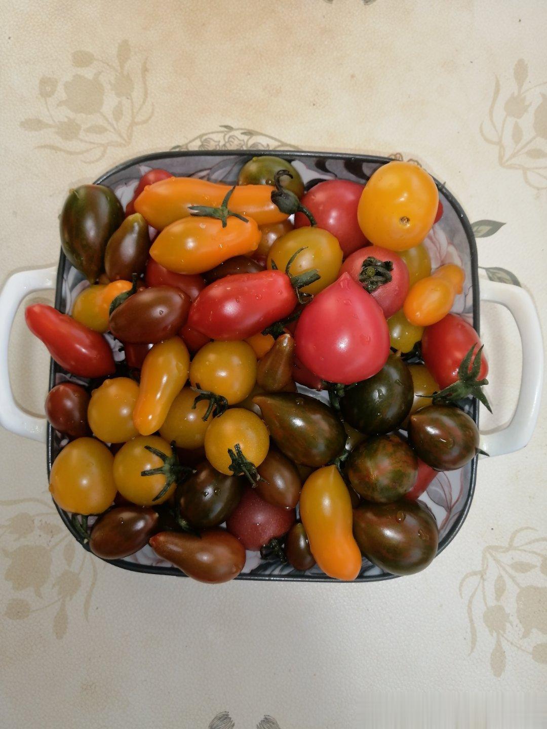 这个盘子里的小西红柿应该很漂亮吧，有的乍看，好像还是樱桃。但就是西红柿，有的穿的