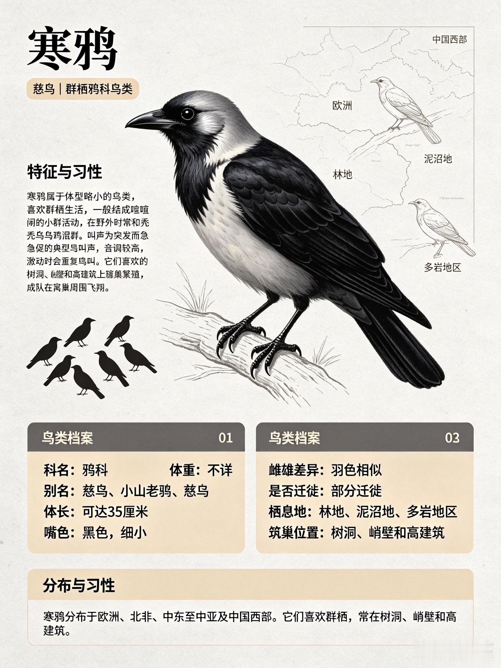 鸟类朋友图鉴 寒鸦科名：鸦科体重：不详别名：慈鸟、小山老鸹、慈乌寒鸦属于体型略小