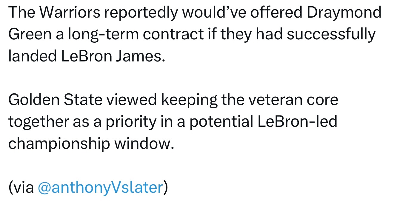 勇士记者Anthony Slater：如果勇士成功引进詹姆斯，球队原本会为格林奉