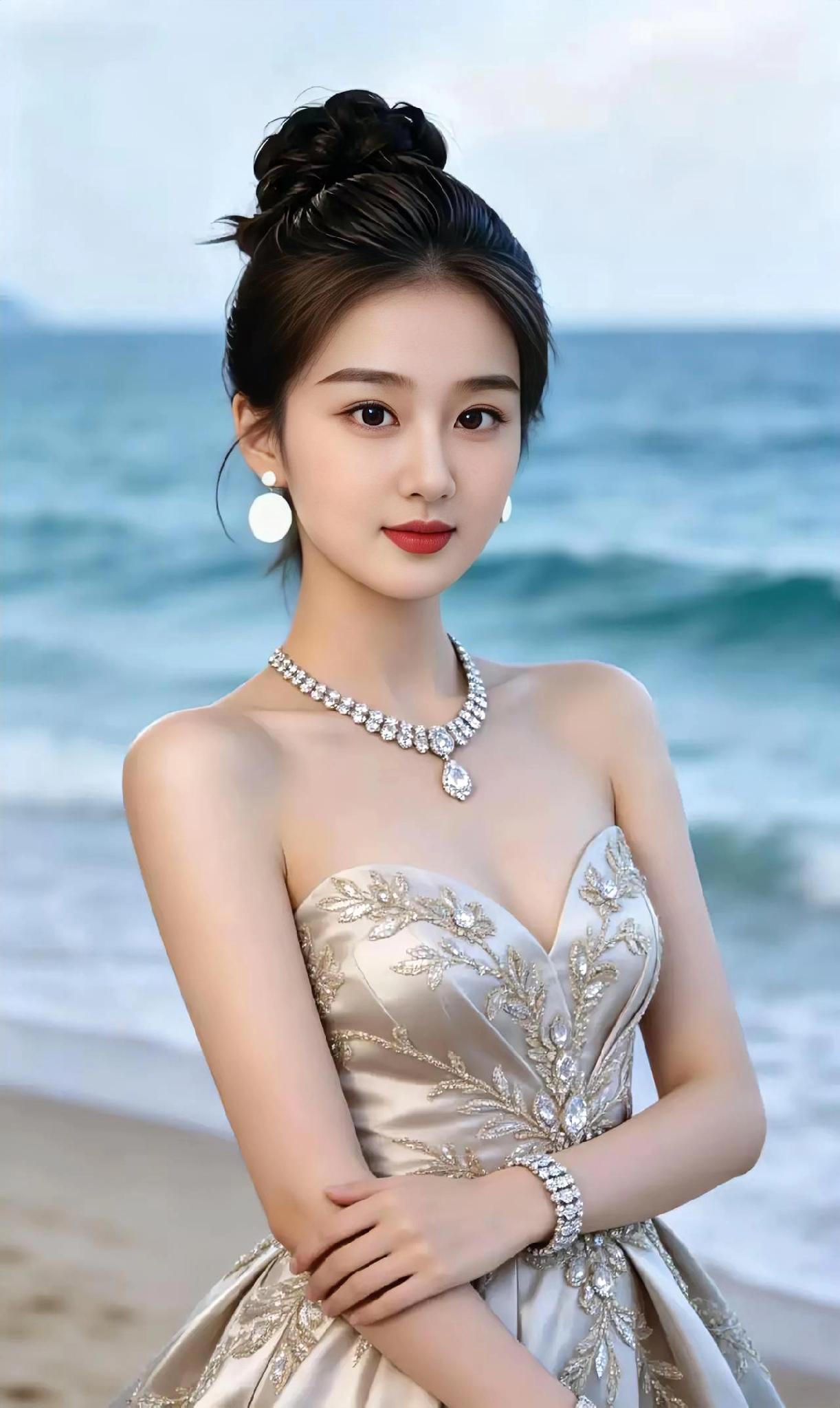 海风吹拂，美人如画。
海风美人照