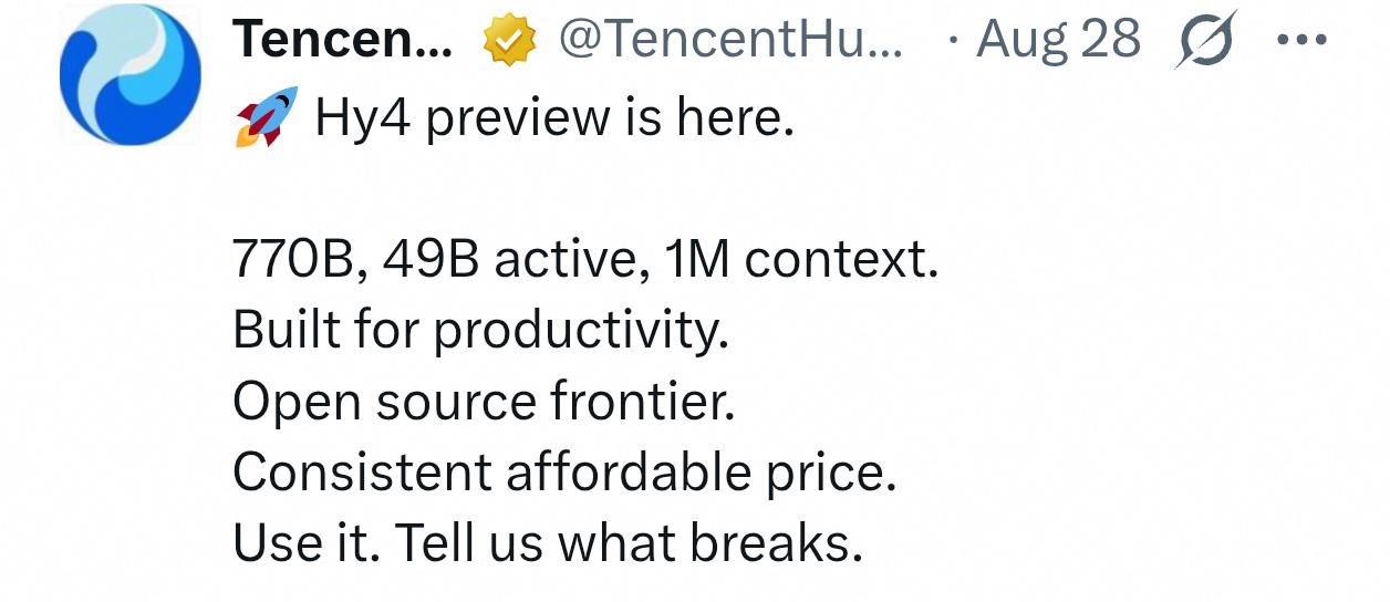 腾讯混元放大招：770B 参数的 Hy4 preview 直接开源
8 月 28
