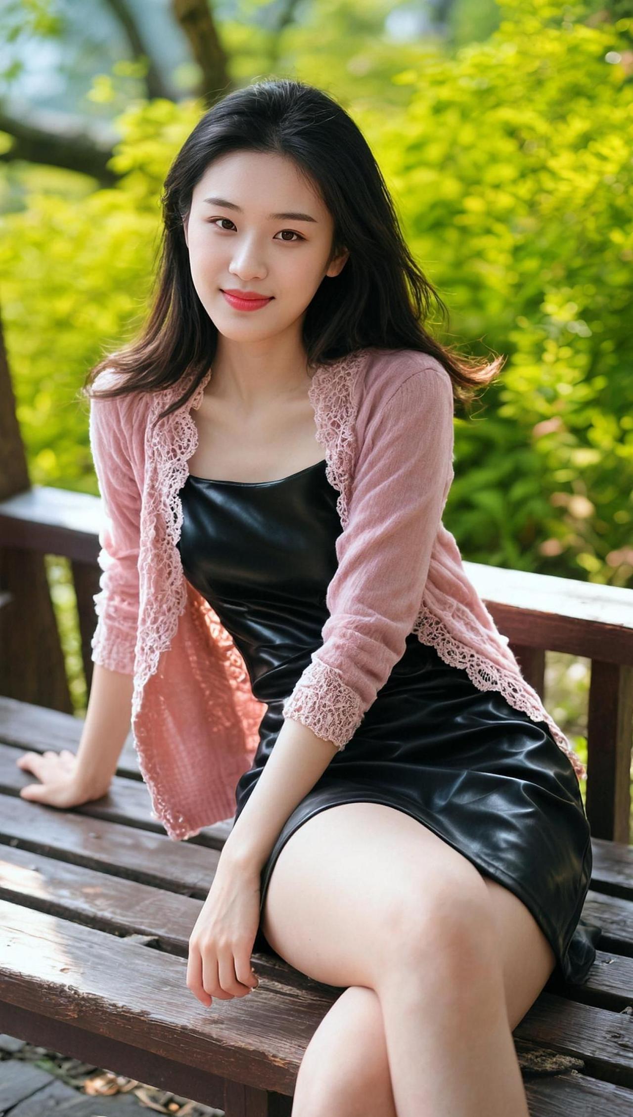 在阳光洒落的午后，她穿着简约的黑色皮裙，搭配温柔的粉色开衫，仿佛是都市中的一抹亮